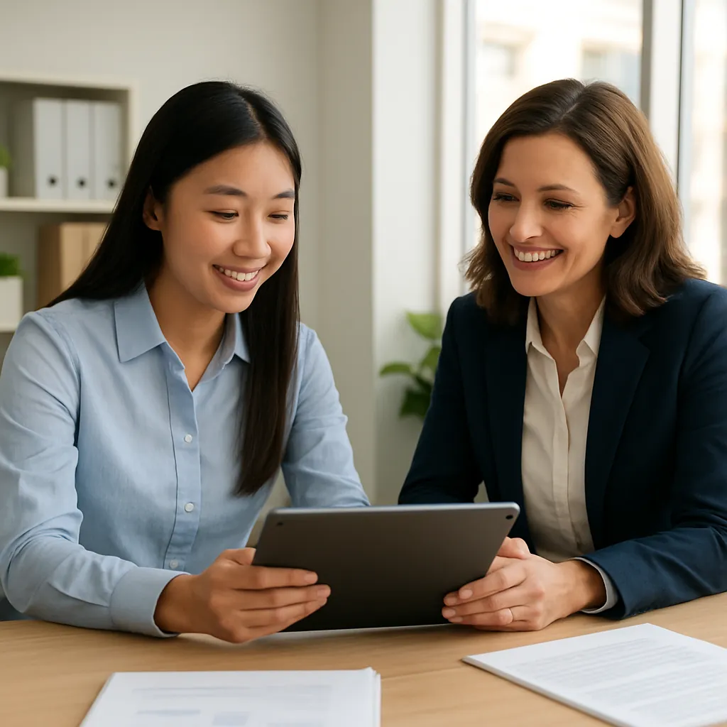 A CAC advisor reviewing application documents with an international student