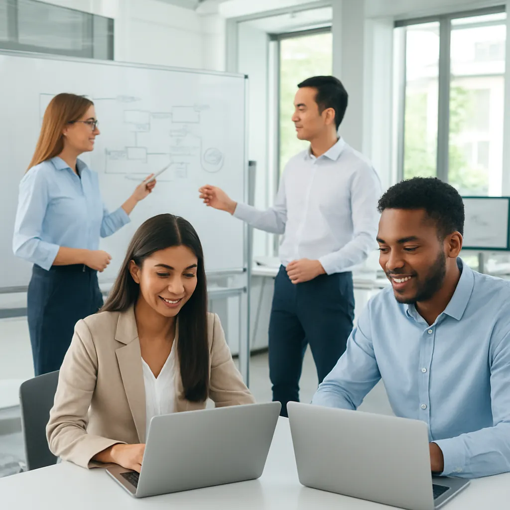 International tech professionals collaborating in a modern AI research lab