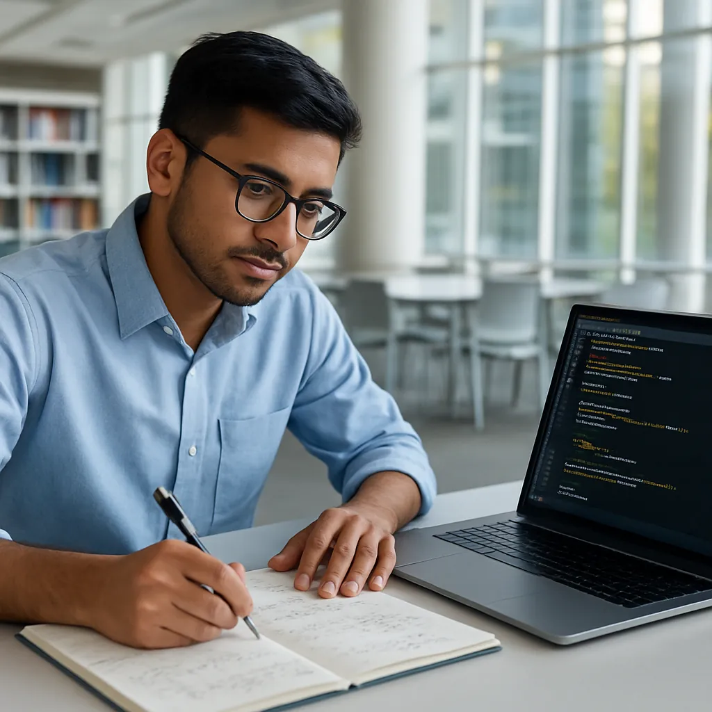 International student preparing mathematics and programming in a modern university study center