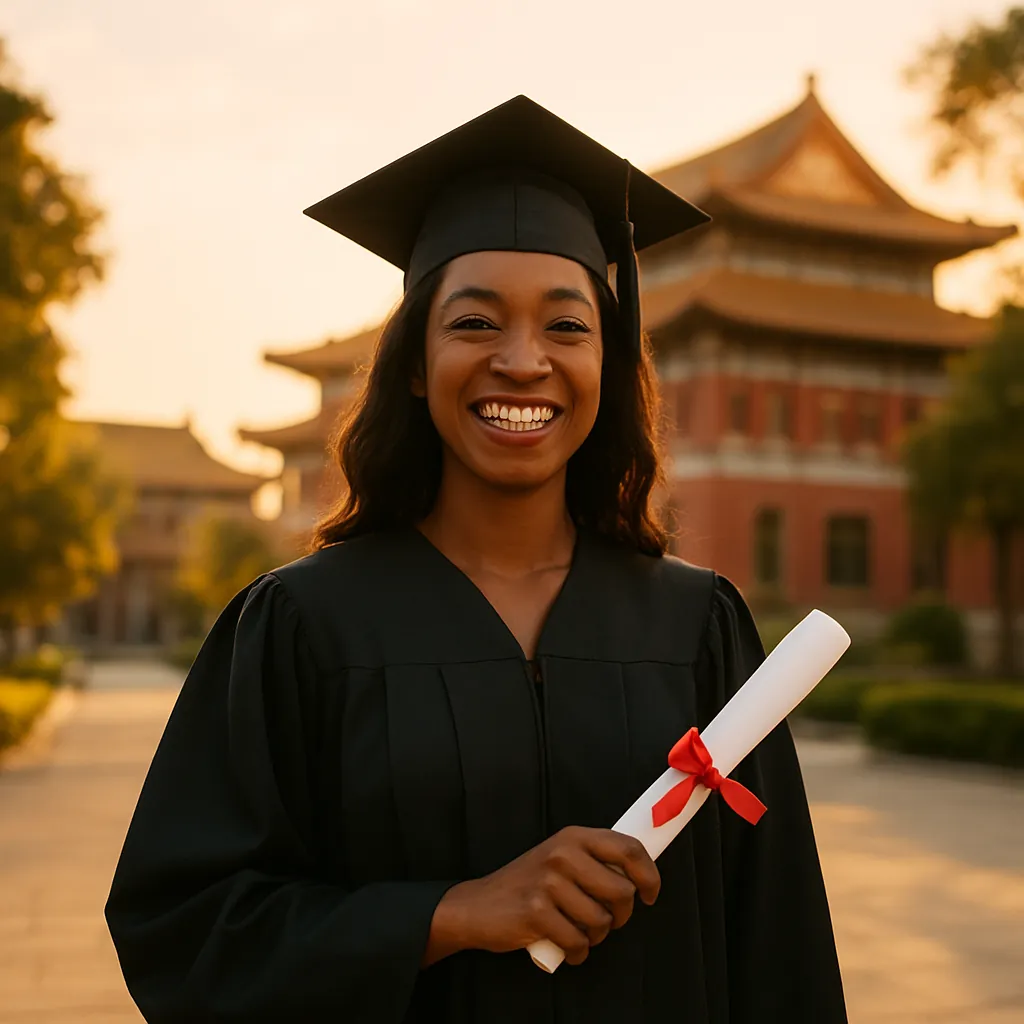 International graduate celebrating success on a Chinese university campus