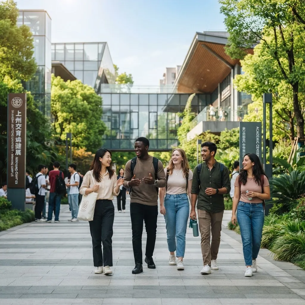 International students walking together on a modern Chinese university campus