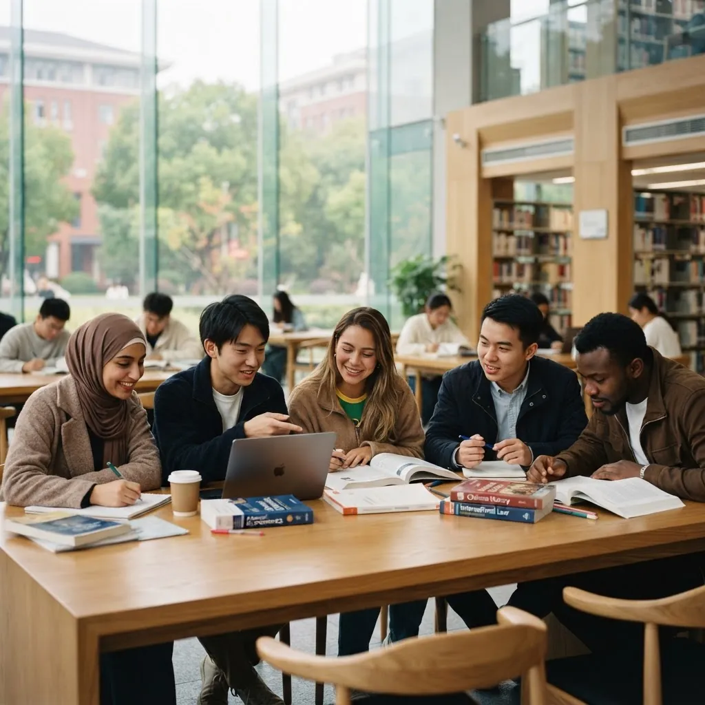International students studying together in a modern university library