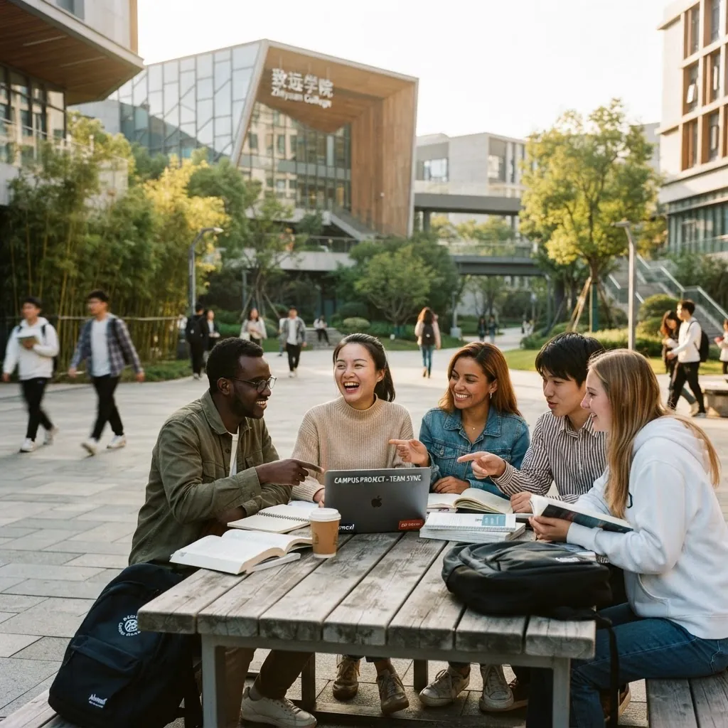 International students collaborating on a university campus