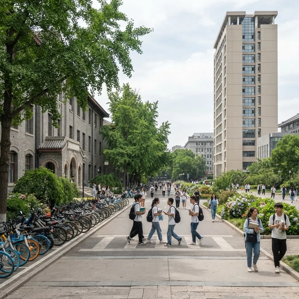 Beijing Normal University campus walkway and academic buildings