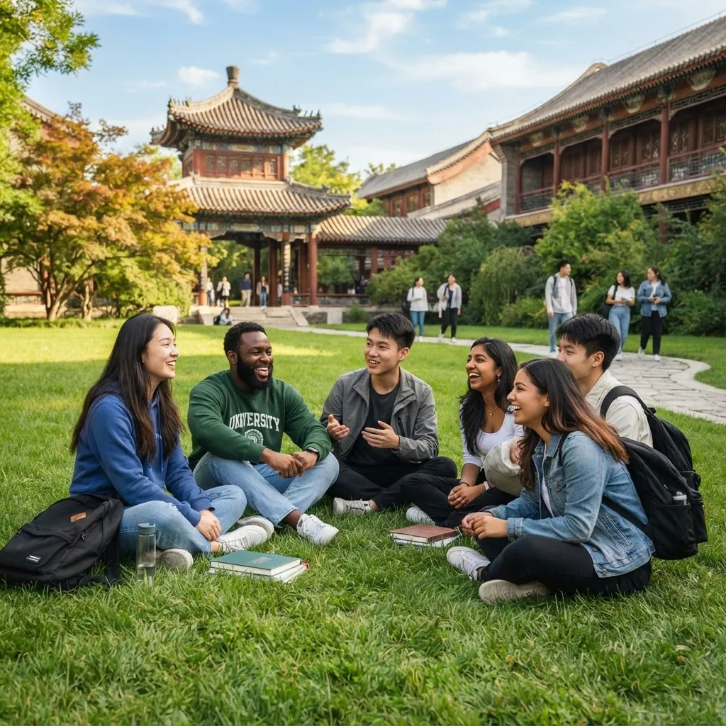 International students together on the Peking University campus