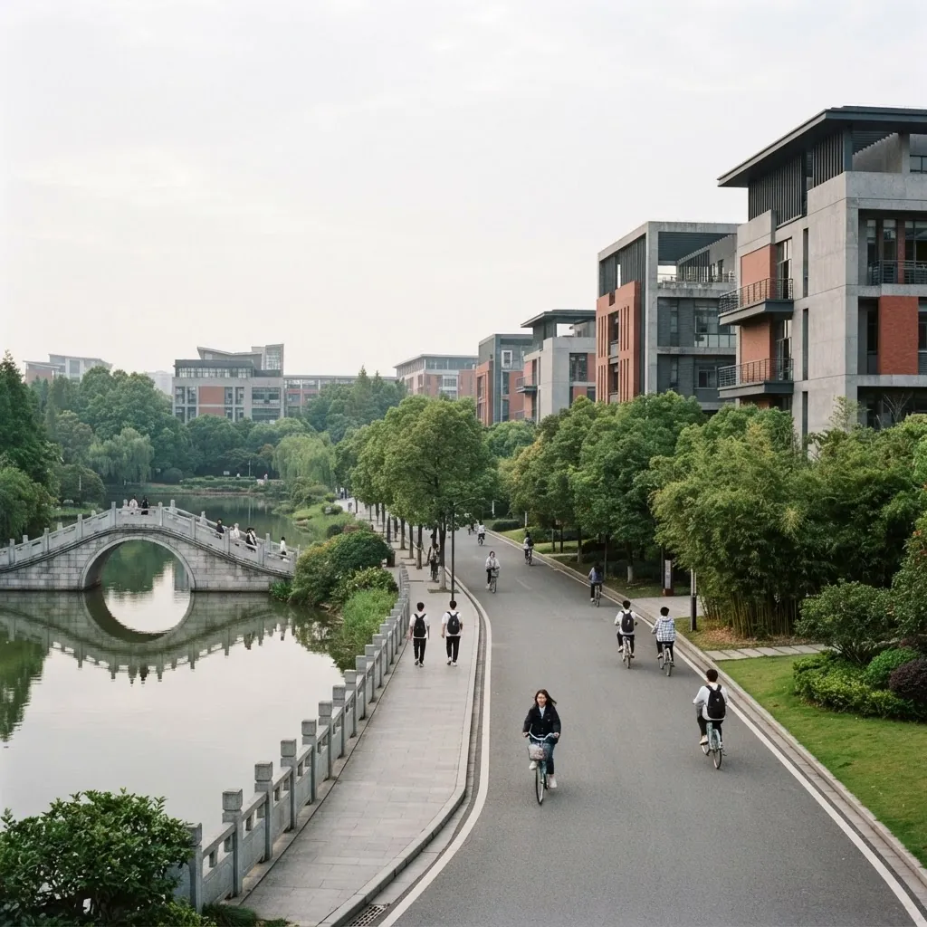 Modern campus buildings and lake at Sichuan University in Chengdu