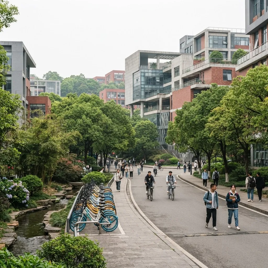 UESTC Qingshuihe campus buildings and tree-lined walkways in Chengdu