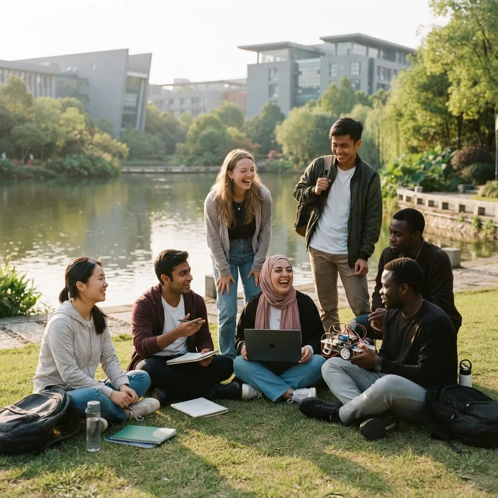 International students together beside the lake on the UESTC campus