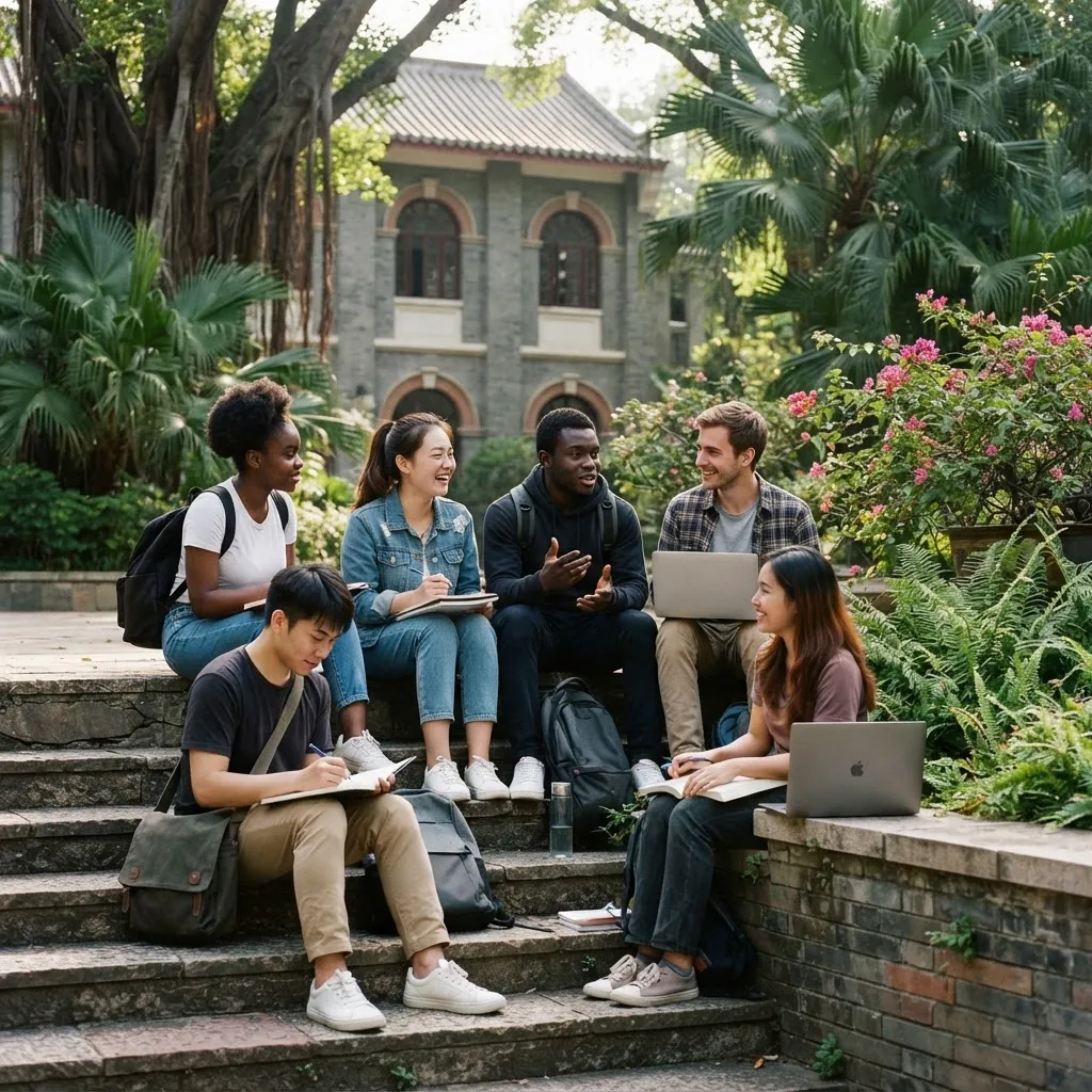 International students together on the Jinan University campus