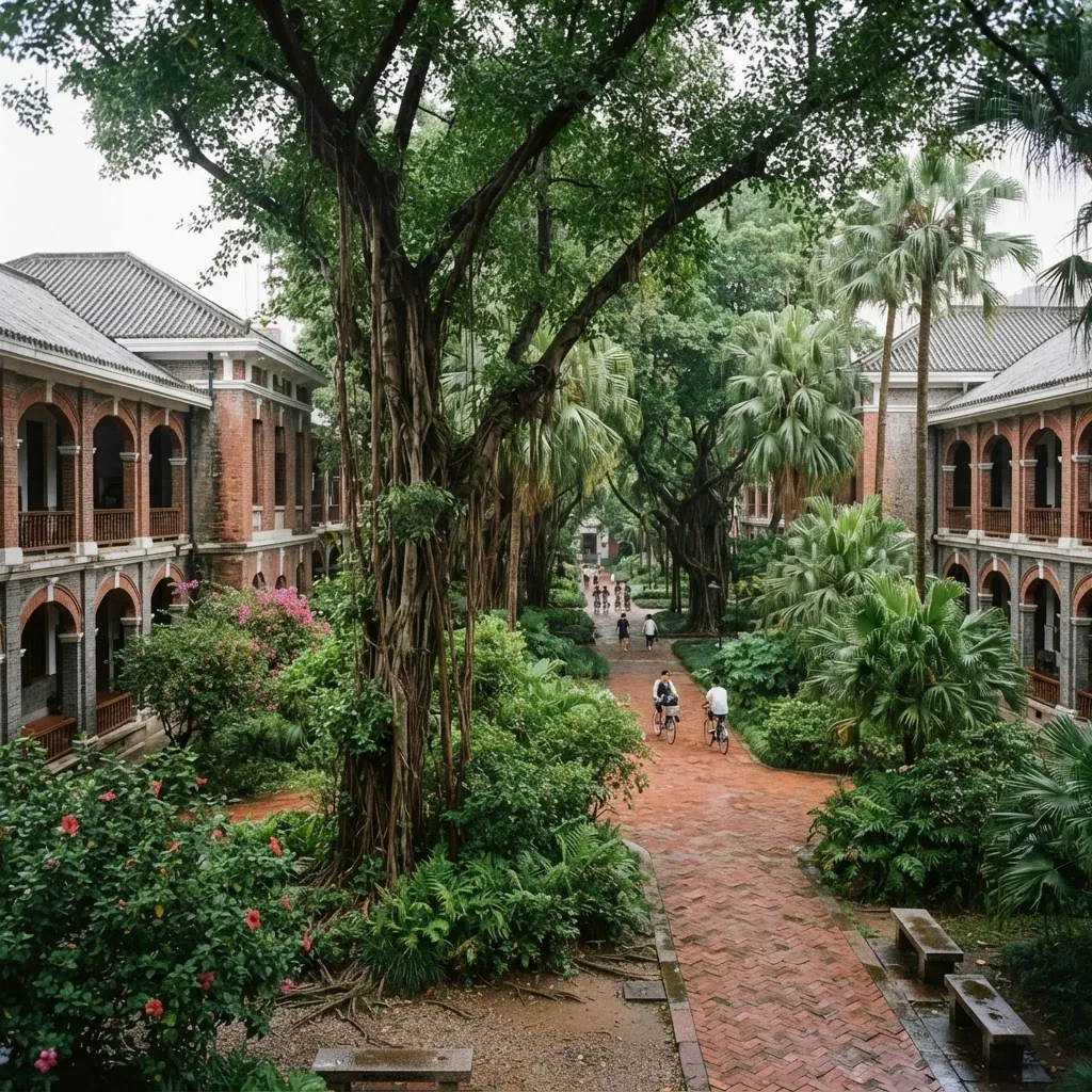 Red-brick heritage buildings and banyan trees on the Sun Yat-sen University campus