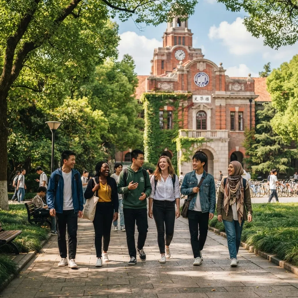 International students together on the Fudan University campus