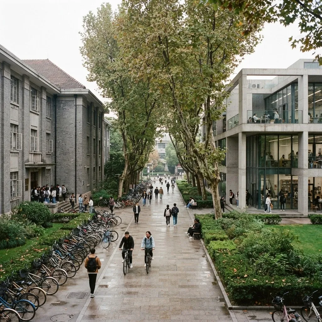 Tongji University campus buildings and tree-lined walkway in Shanghai
