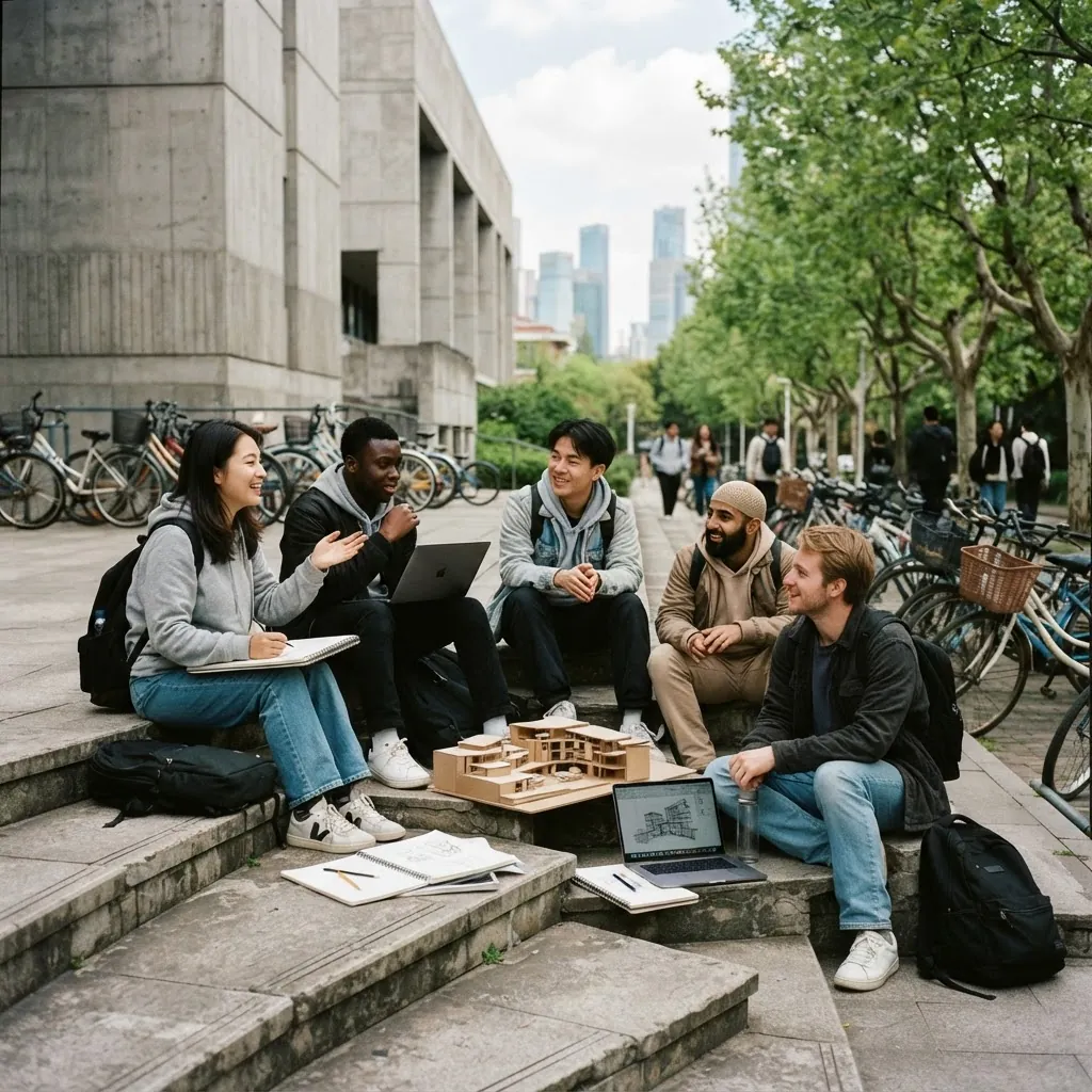 International students working together on the Tongji University campus