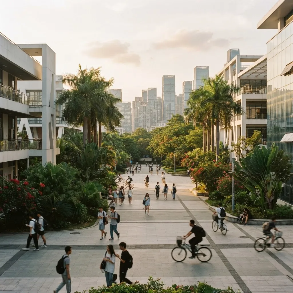 Modern campus plaza with palm trees at Shenzhen University