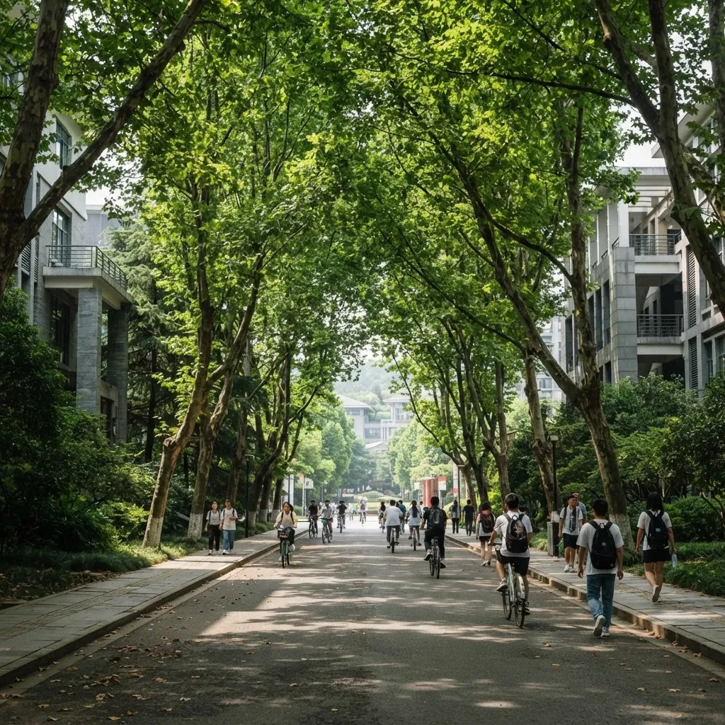 Tree-lined campus avenue and academic buildings at Huazhong University of Science and Technology