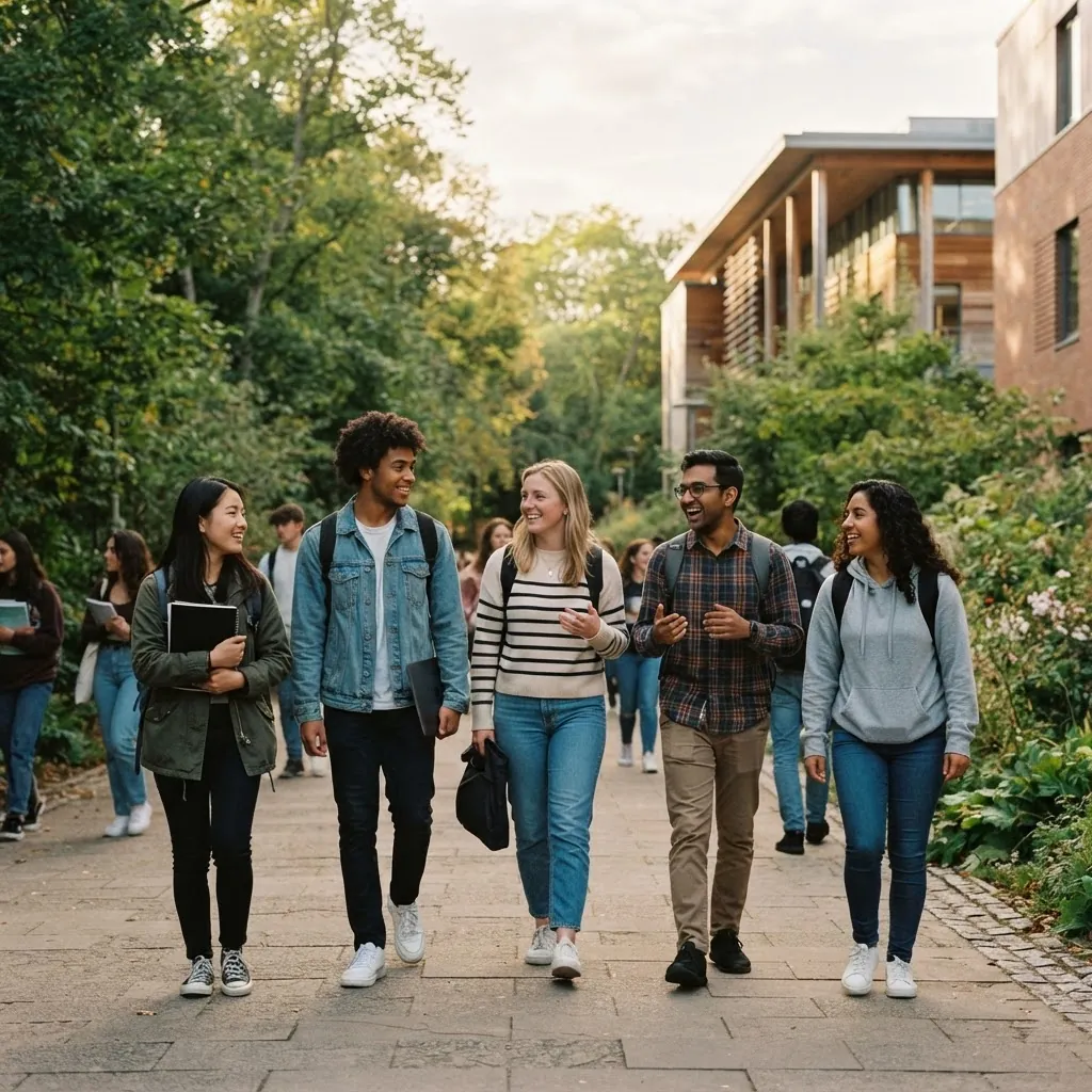 International students walking together on the Huazhong University of Science and Technology campus