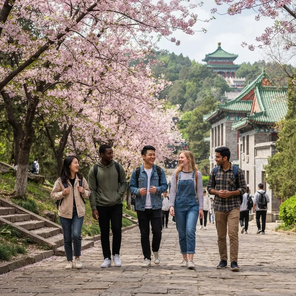 International students walking under cherry blossoms at Wuhan University